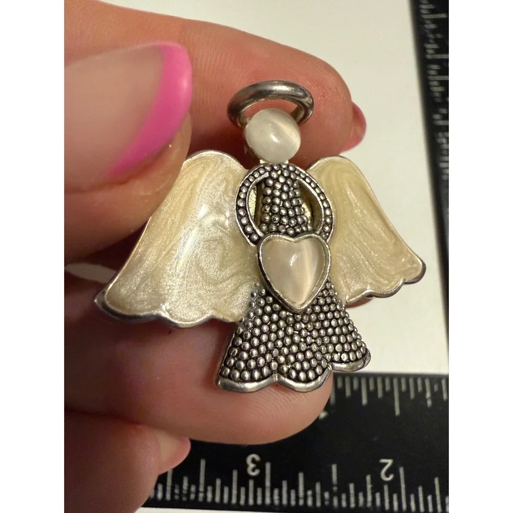 Silver Tone Angel Brooch Cream Enamel Wings Moonstone Heart Halo Pin